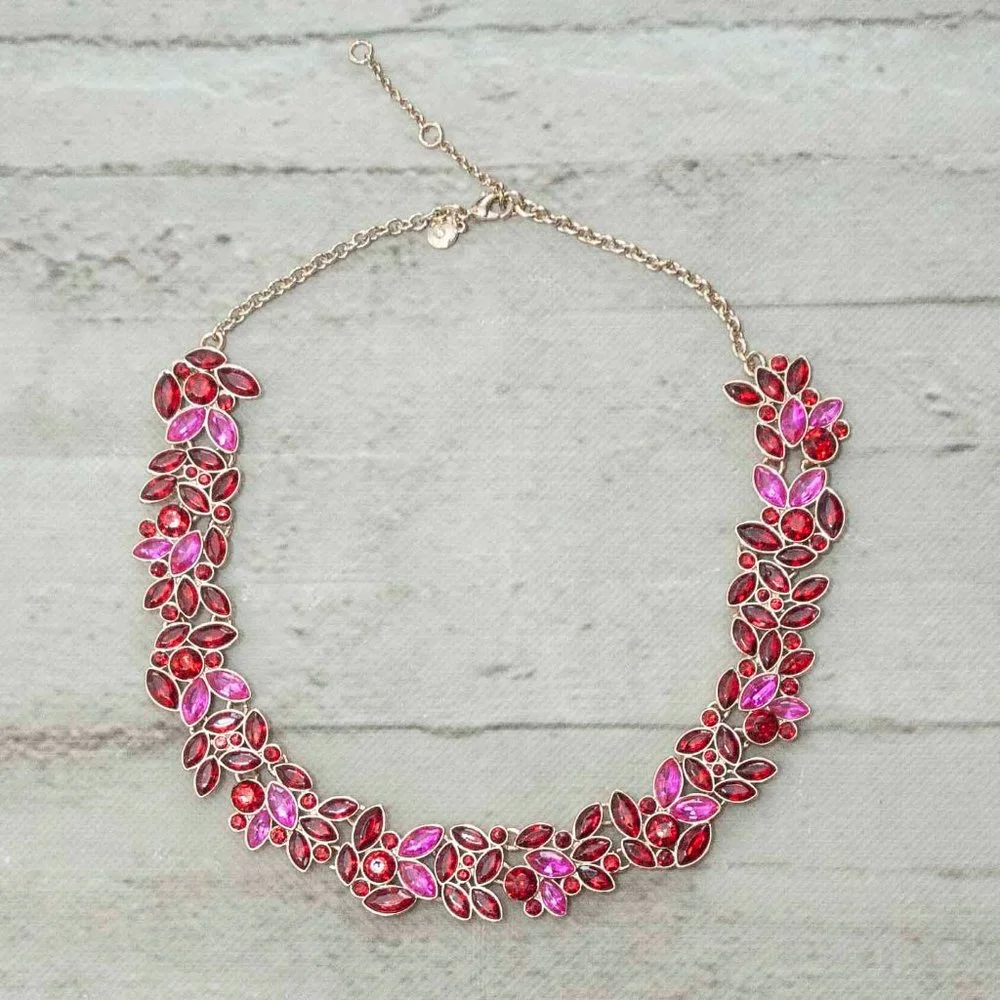 NWT J. Crew Pink and Red Crystal Leaves Statement Necklace - Picture 1 of 7